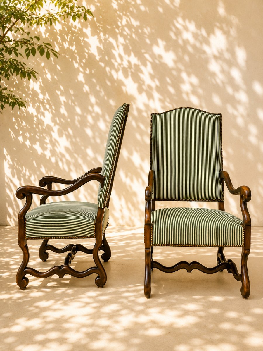 Large Pair Of Louis XIII-style Armchairs In Carved Walnut – Restored Upholstery-photo-2