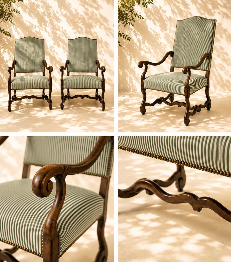Large Pair Of Louis XIII-style Armchairs In Carved Walnut – Restored Upholstery-photo-1