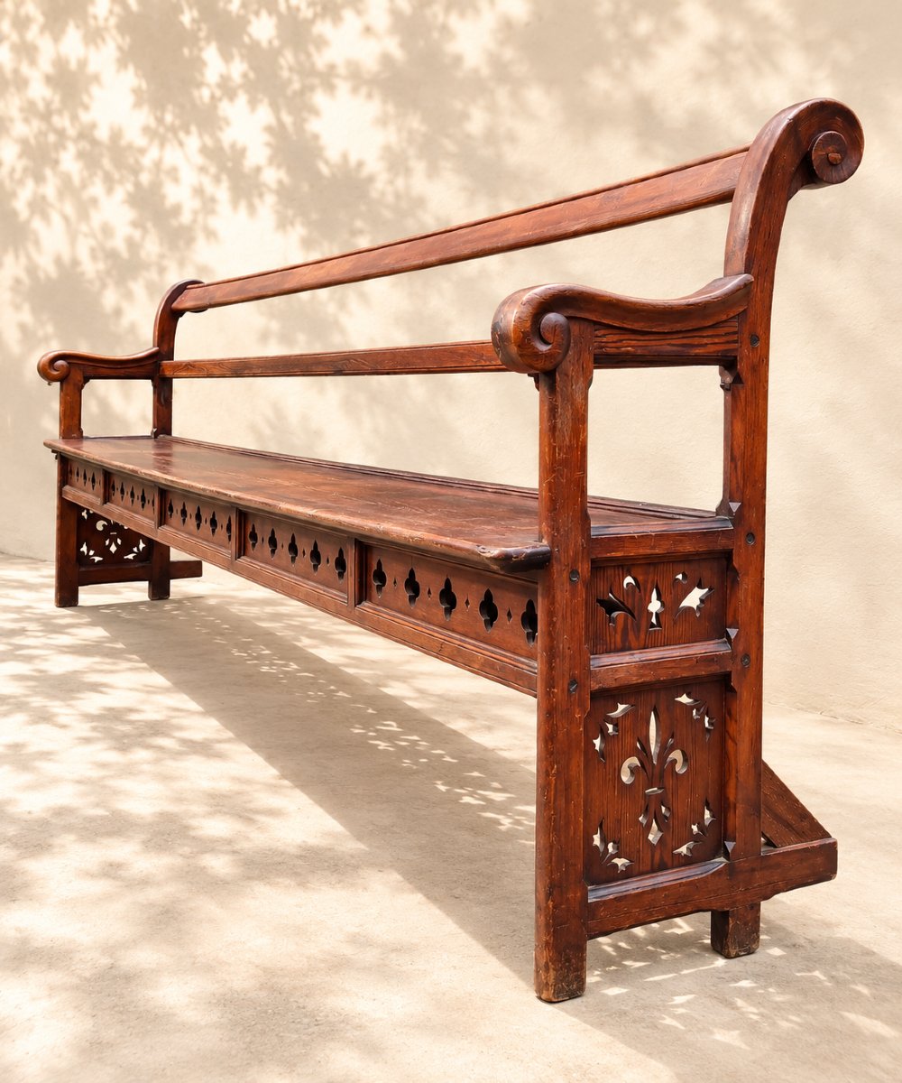 Large Chapel Pew Made Of Solid Oak, Carved And Openwork With Crosses And Fleurs-de-lis -photo-2
