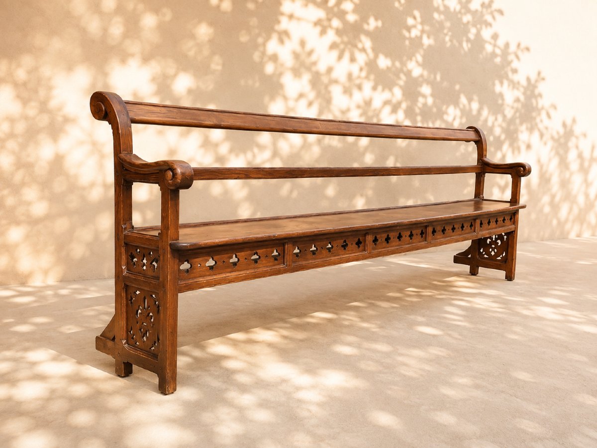 Large Chapel Pew Made Of Solid Oak, Carved And Openwork With Crosses And Fleurs-de-lis -photo-1