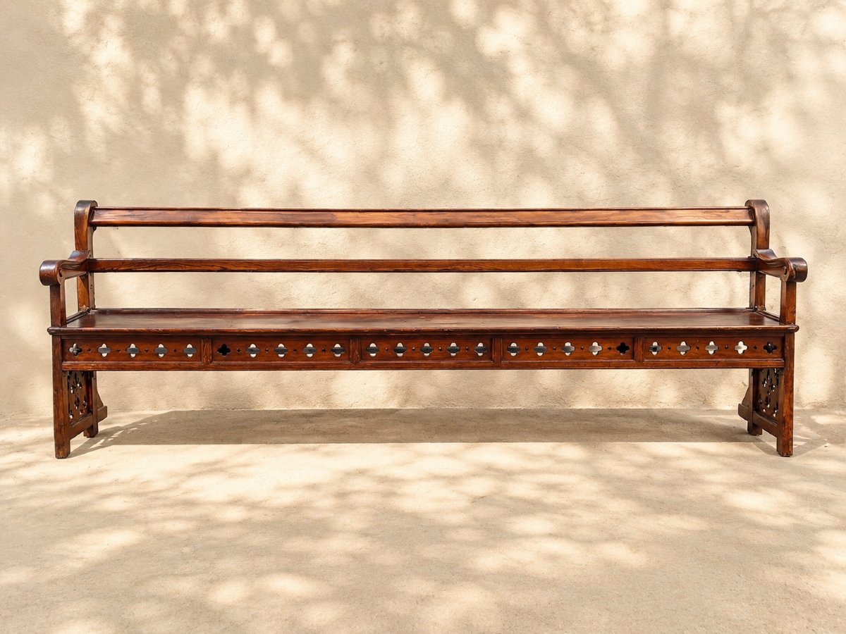 Large Chapel Pew Made Of Solid Oak, Carved And Openwork With Crosses And Fleurs-de-lis 