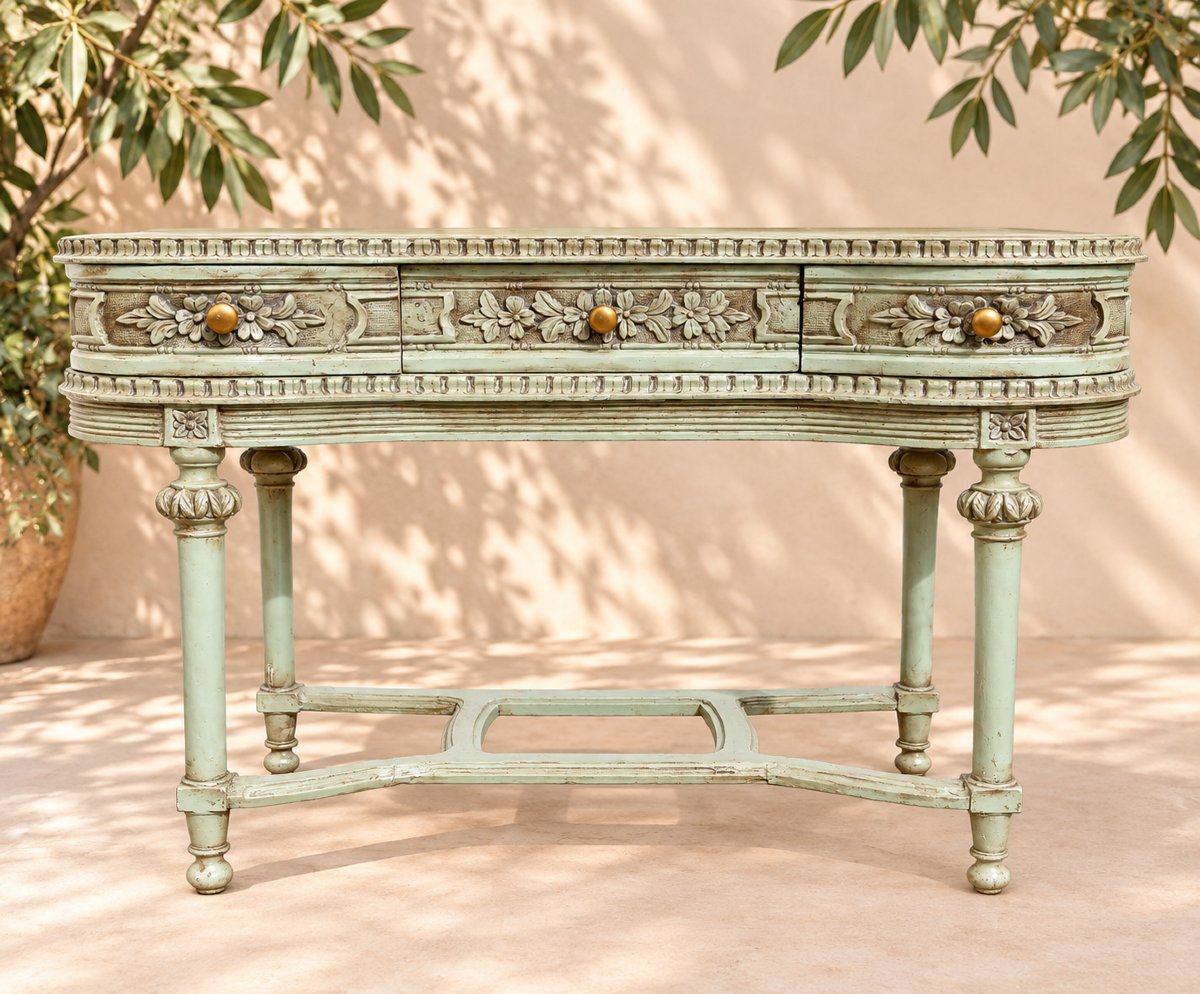 Louis XVI-style Dressing Table With Three Drawers, Almond Green With A Patina—early 20th Century-photo-2