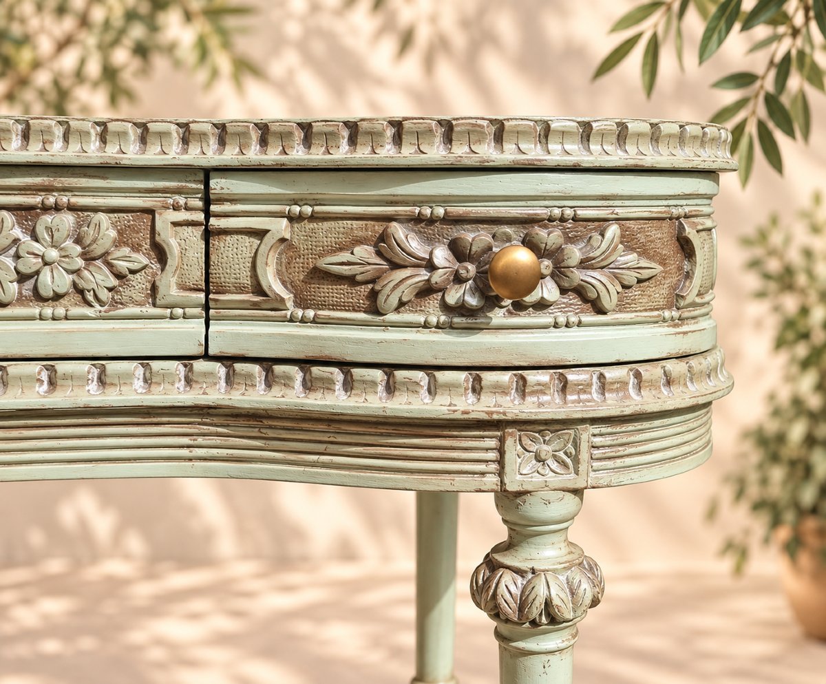 Louis XVI-style Dressing Table With Three Drawers, Almond Green With A Patina—early 20th Century-photo-3