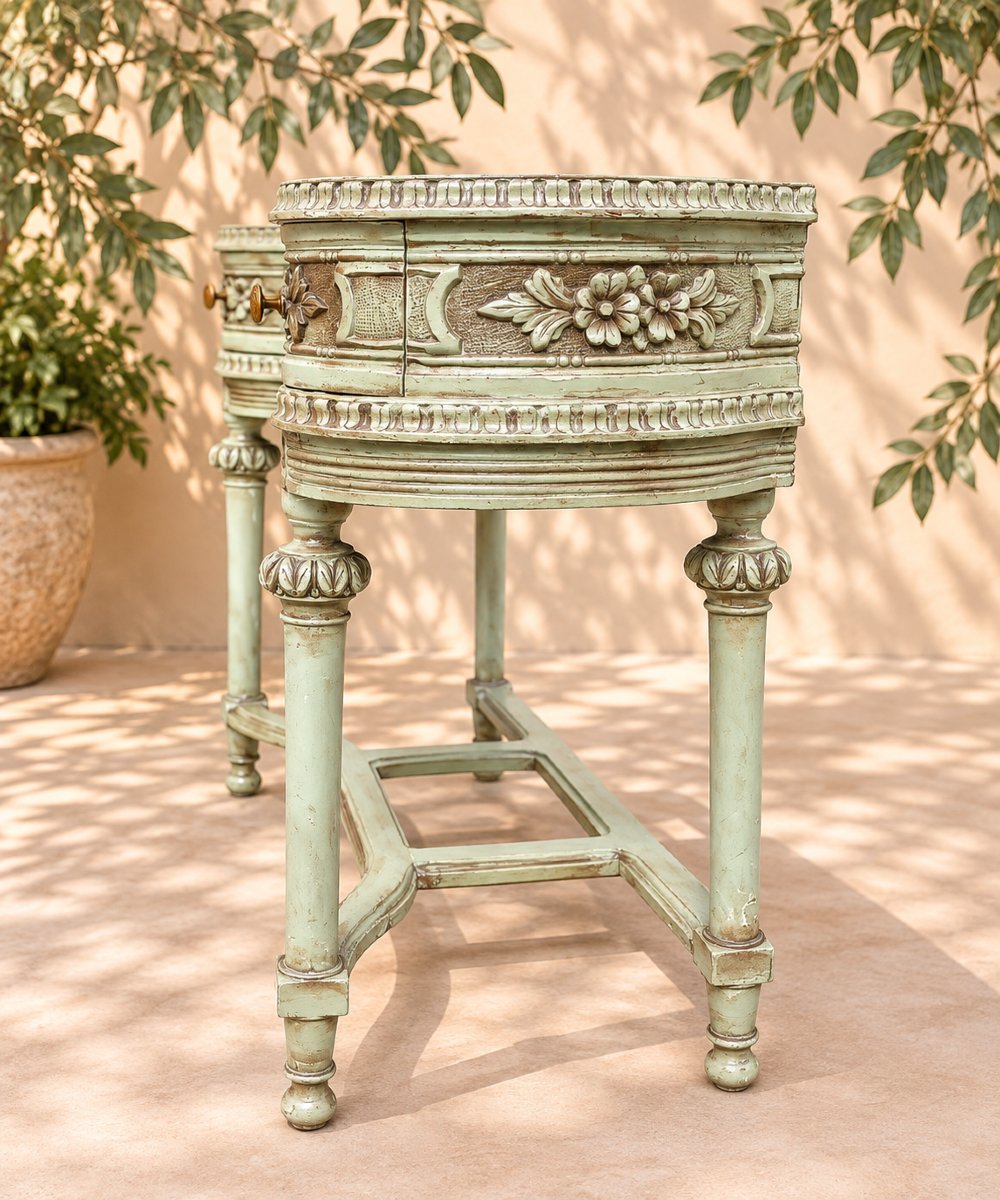 Louis XVI-style Dressing Table With Three Drawers, Almond Green With A Patina—early 20th Century-photo-1