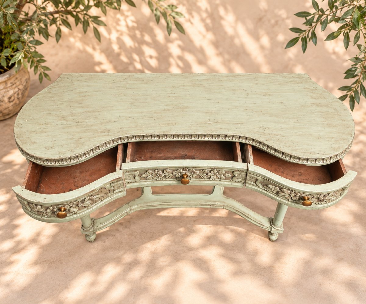 Louis XVI-style Dressing Table With Three Drawers, Almond Green With A Patina—early 20th Century-photo-2
