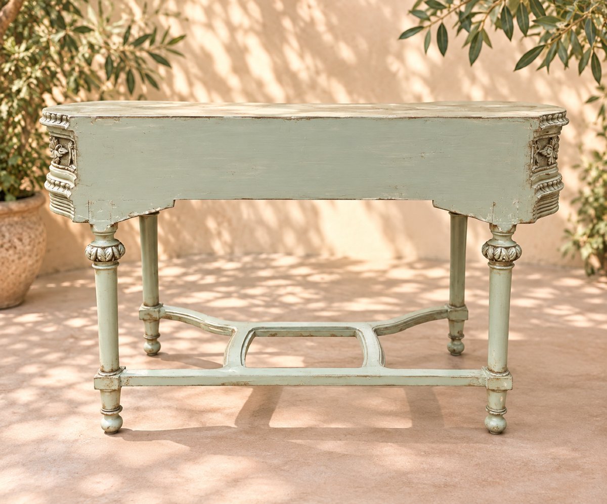 Louis XVI-style Dressing Table With Three Drawers, Almond Green With A Patina—early 20th Century-photo-3