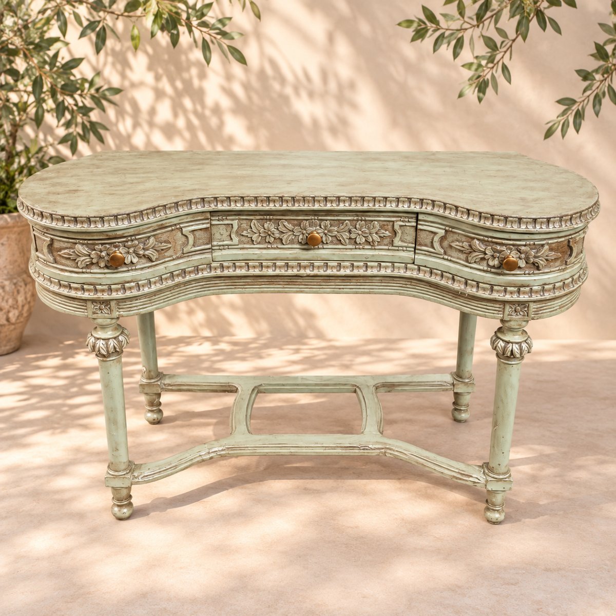 Louis XVI-style Dressing Table With Three Drawers, Almond Green With A Patina—early 20th Century