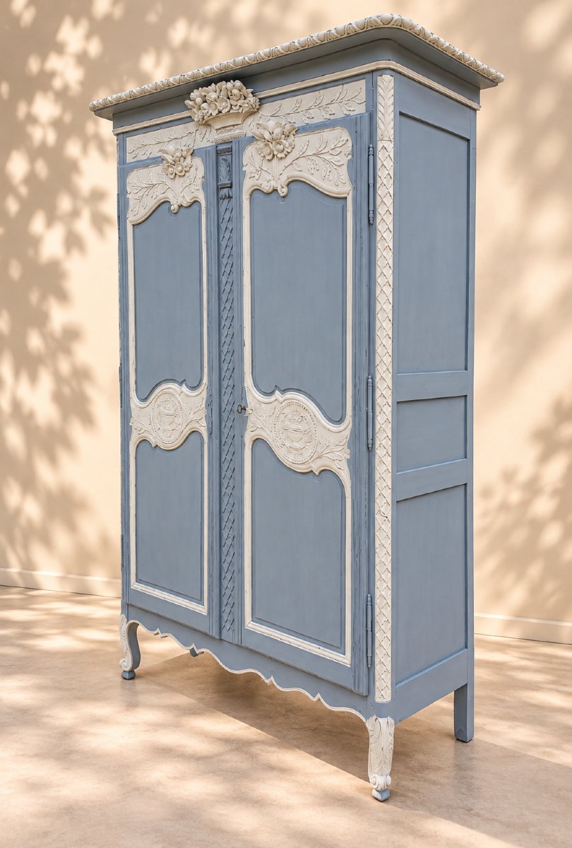 Armoire normande du XIXe siècle – riche décor sculpté – patine gris bleuté-photo-2