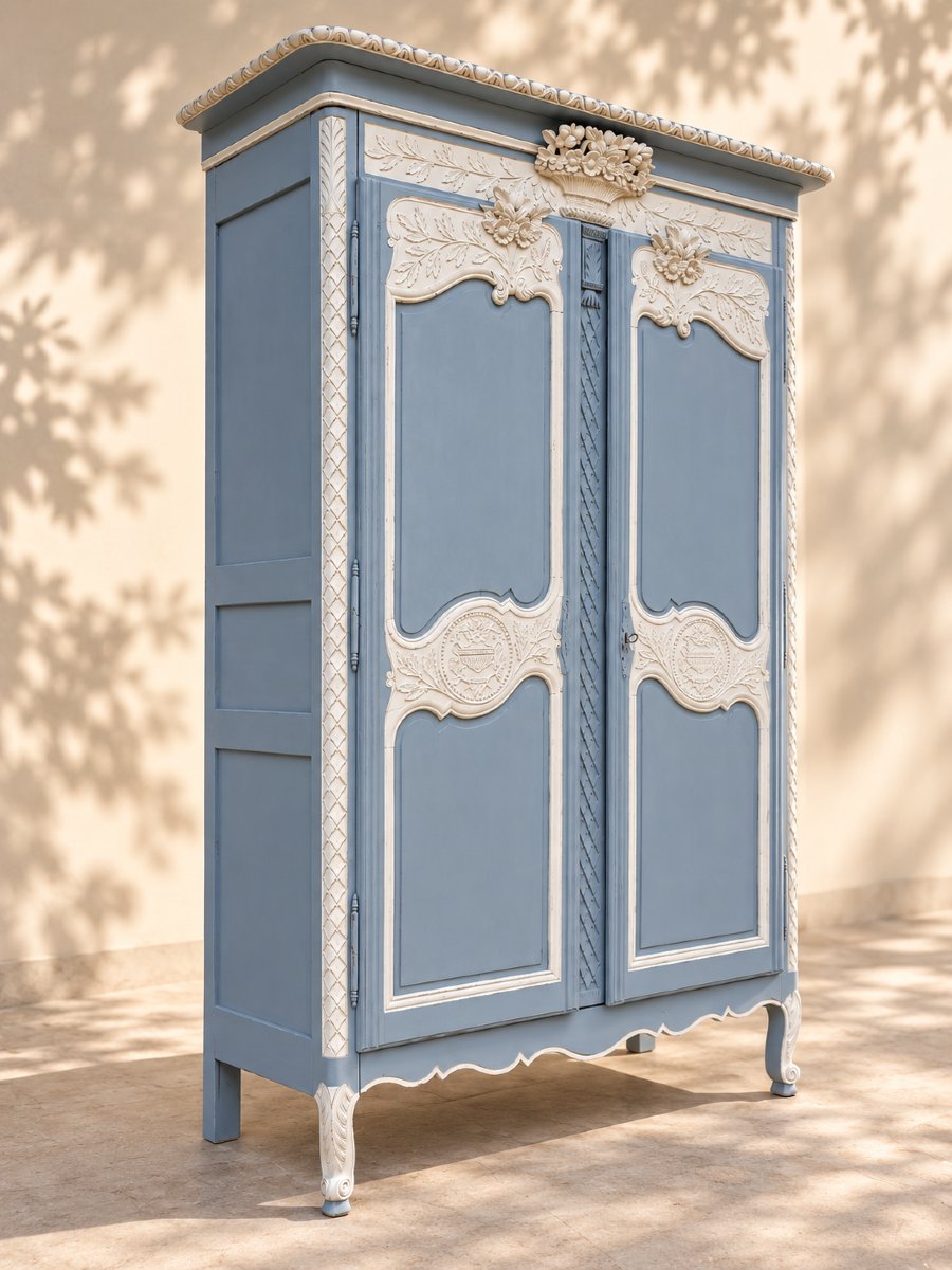 Armoire normande du XIXe siècle – riche décor sculpté – patine gris bleuté-photo-3
