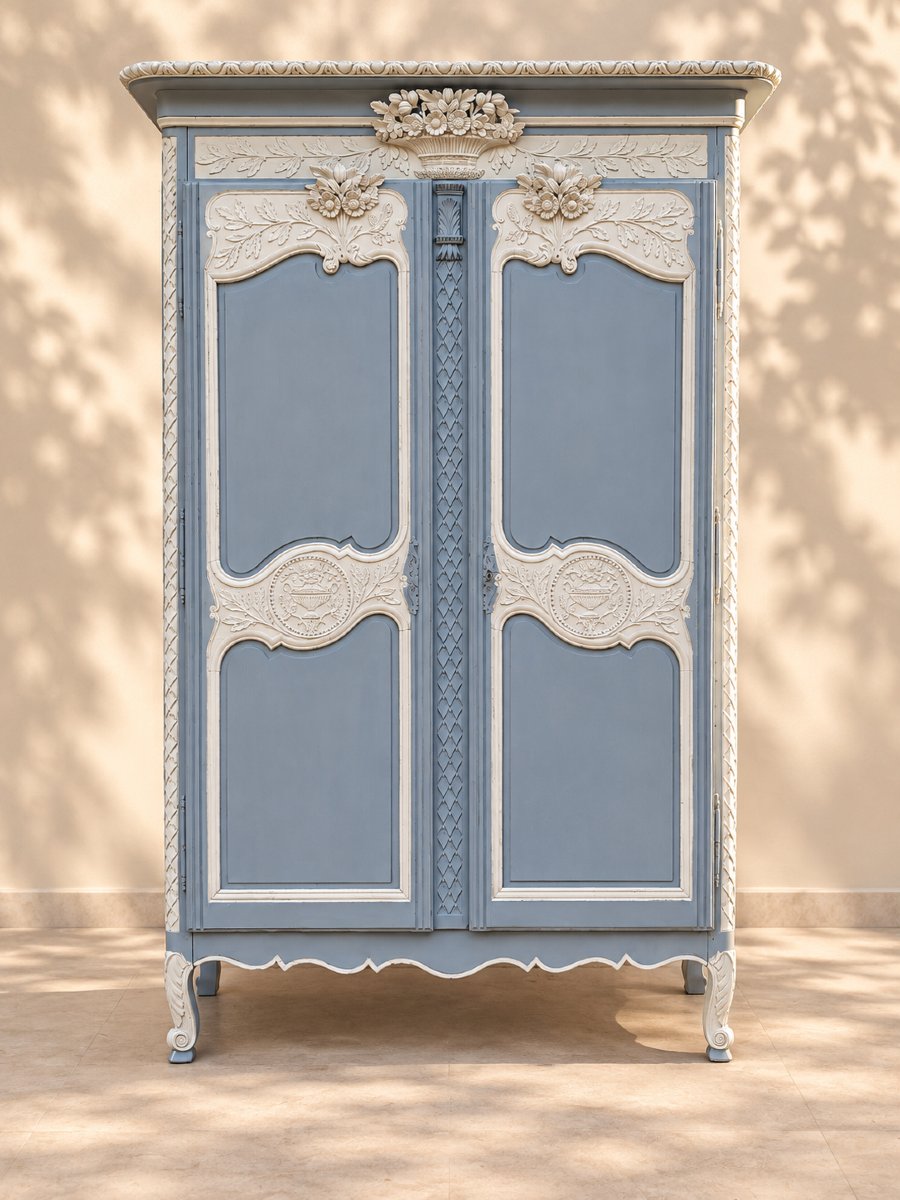Armoire normande du XIXe siècle – riche décor sculpté – patine gris bleuté