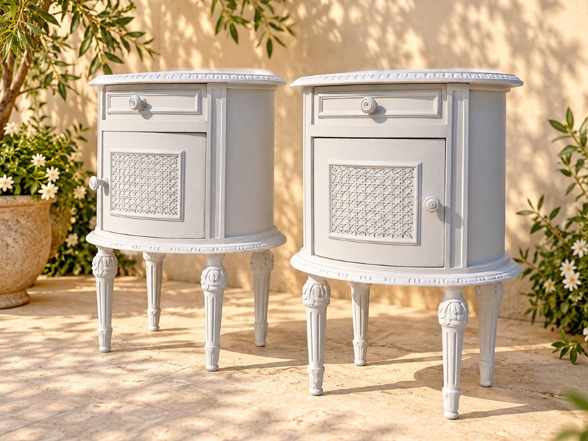 Paire de chevets de style Louis XVI – fin XIXe – patine gris clair et cannage-photo-2