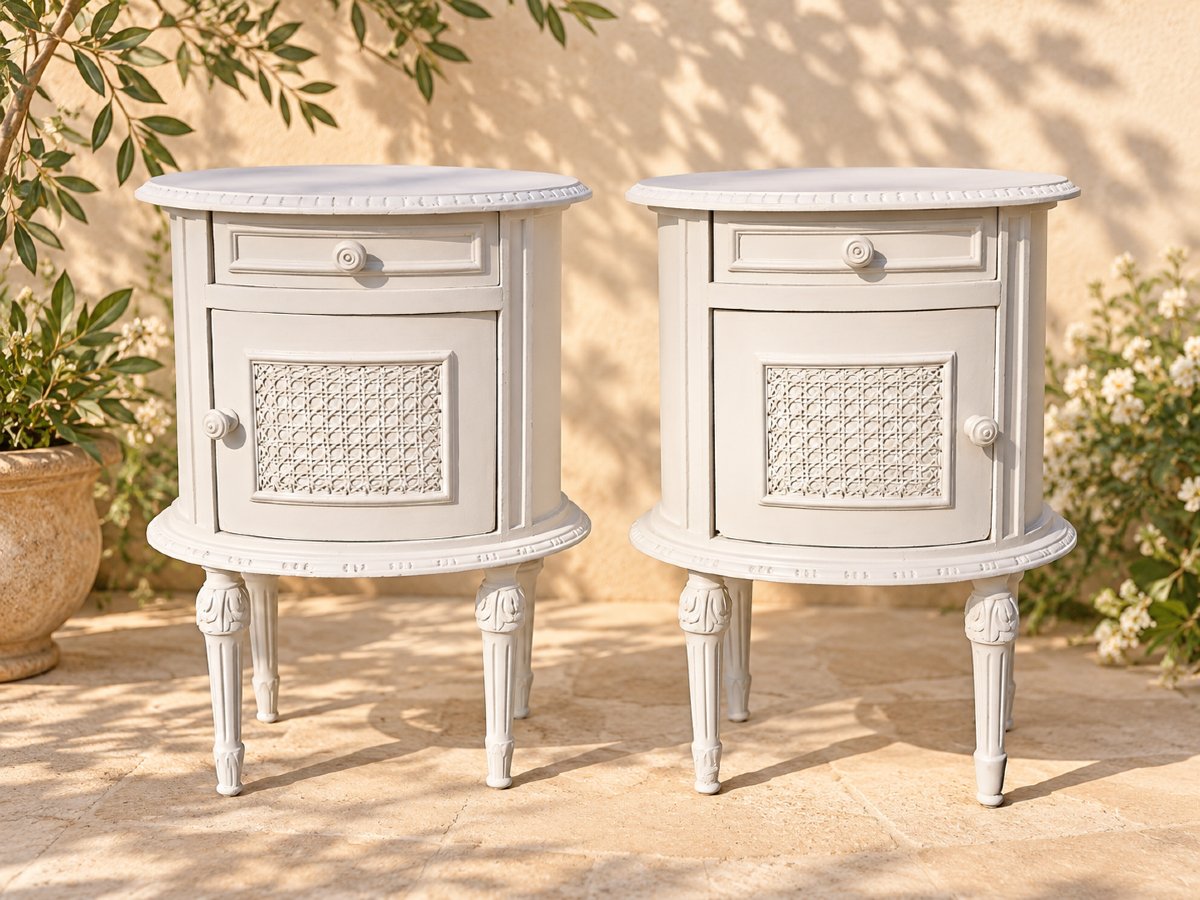 Paire de chevets de style Louis XVI – fin XIXe – patine gris clair et cannage