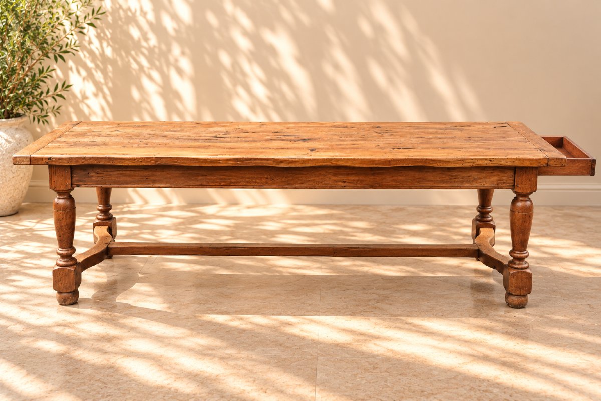 Large Antique Farmhouse Table In Solid Oak – 220 Cm – Early 20th Century-photo-2