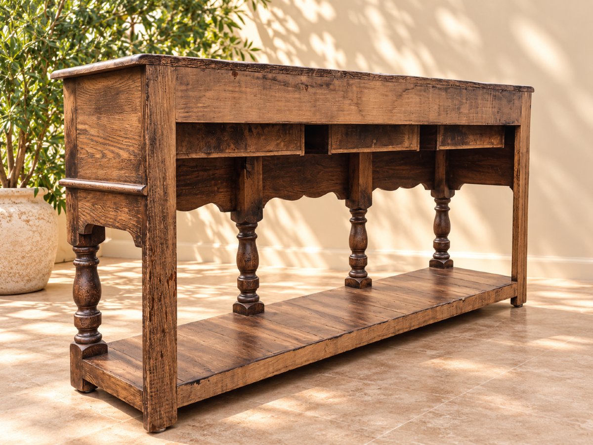 Grande Console Anglaise En Chêne – Fin XIXe Siècle – Trois Tiroirs-photo-2