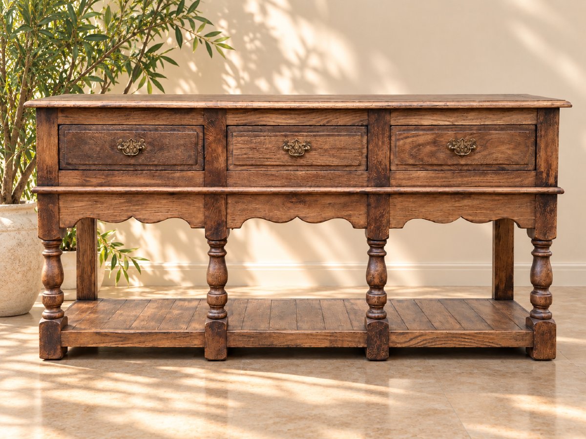 Grande Console Anglaise En Chêne – Fin XIXe Siècle – Trois Tiroirs