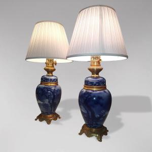 Paire De Lampes en porcelaine  Japonisante bleue 