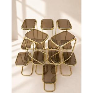 Set Of 14 Nesting Side Tables In Brass And Smoked Glass – 1970s