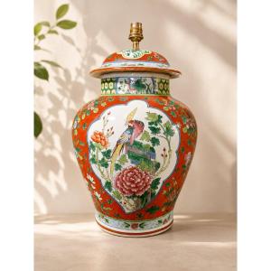 Polychrome Porcelain Vase Converted Into A Lamp – Bird And Flower Motif – 20th Century