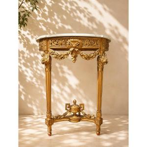 Console demi-lune de style Louis XVI en bois sculpté et doré – Marbre de Carrare – Napoléon III