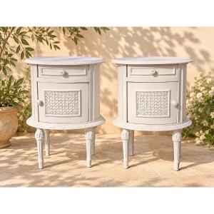 Paire de chevets de style Louis XVI – fin XIXe – patine gris clair et cannage