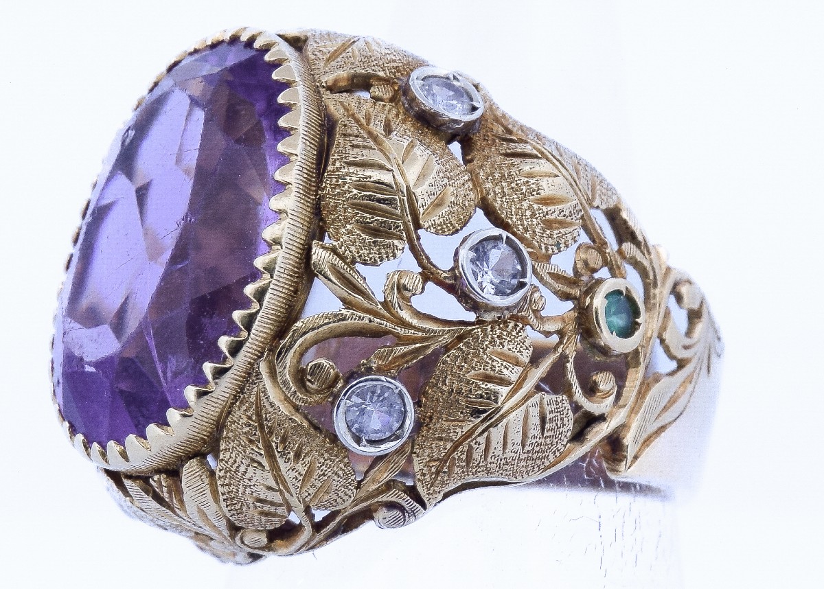 Bague Ancienne Années 1940 en Or 18K Améthyste 10 Carats et Diamants  AN522 112-380 (0799)-photo-1