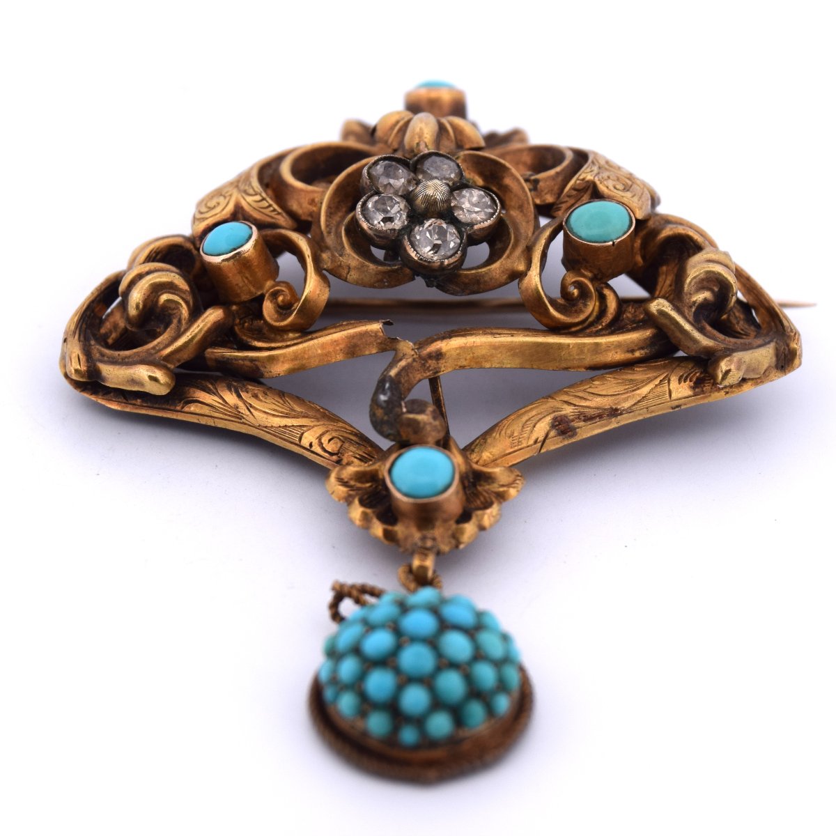 Broche Ancienne en Or 14 Carats, Turquoises et Diamants Taille Old Mine-photo-1
