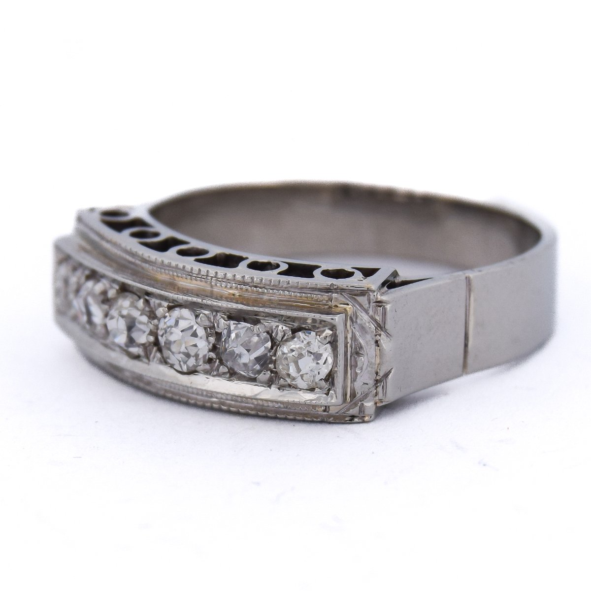 Art Deco 18k White Gold Diamond Ring – Old Mine Cut-photo-5