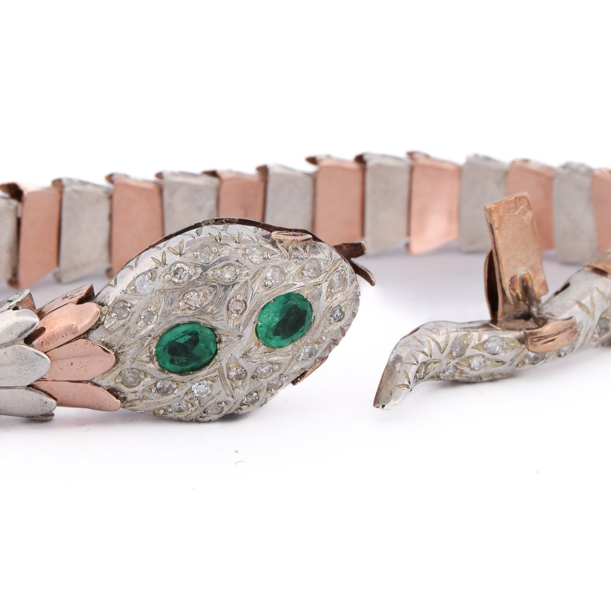 Vintage 9k Gold Silver Diamond Emerald Snake Bracelet      Br32-photo-2