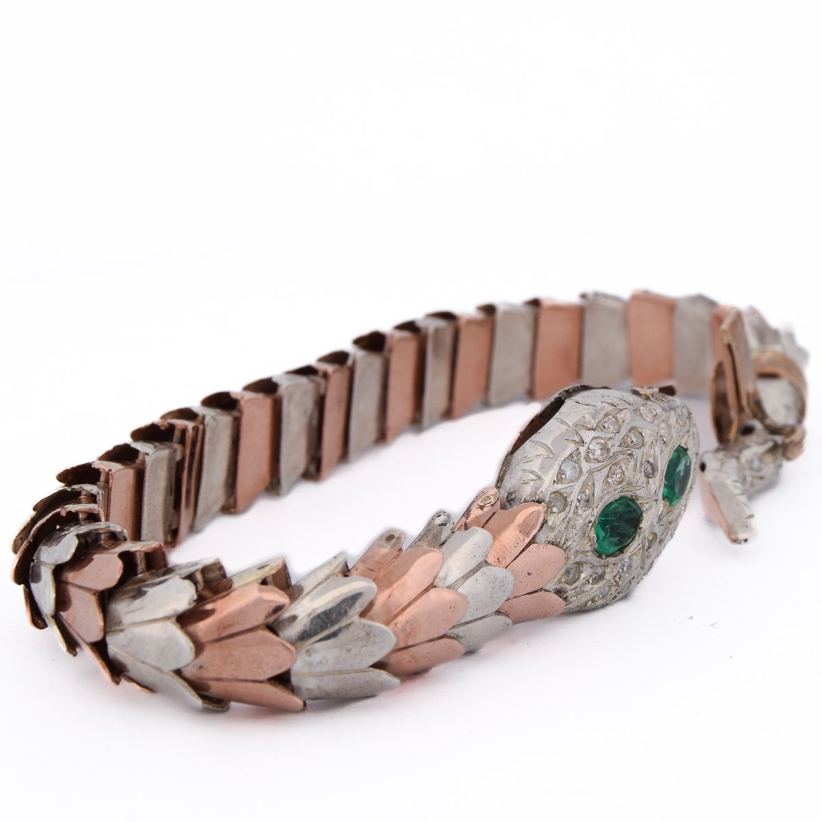 Vintage 9k Gold Silver Diamond Emerald Snake Bracelet      Br32-photo-3