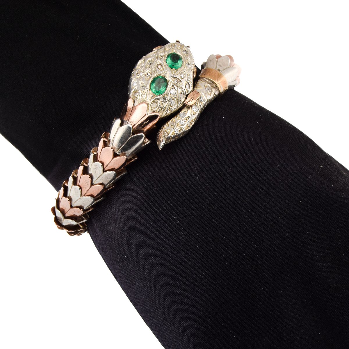 Vintage 9k Gold Silver Diamond Emerald Snake Bracelet      Br32-photo-5