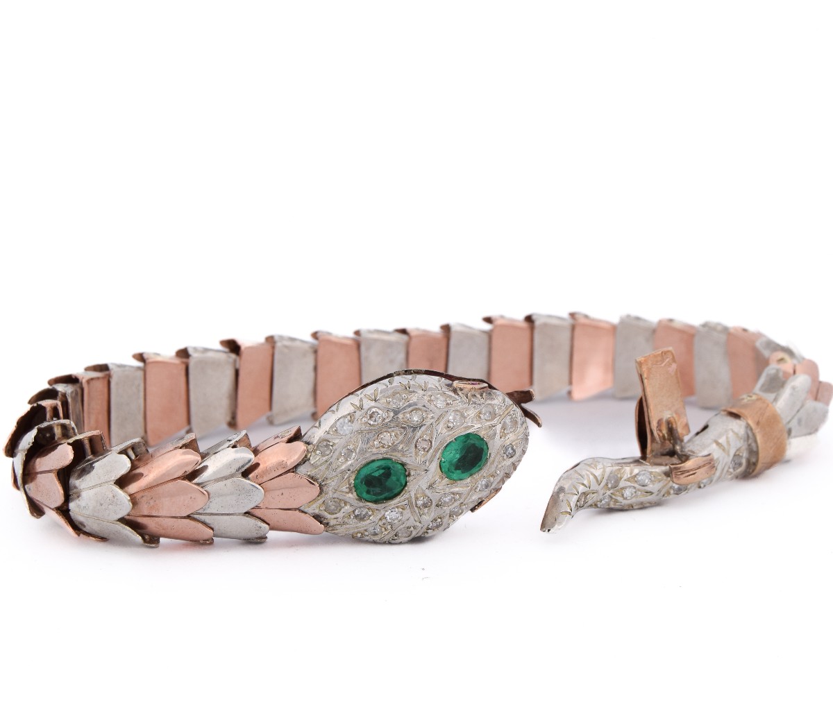 Vintage 9k Gold Silver Diamond Emerald Snake Bracelet      Br32