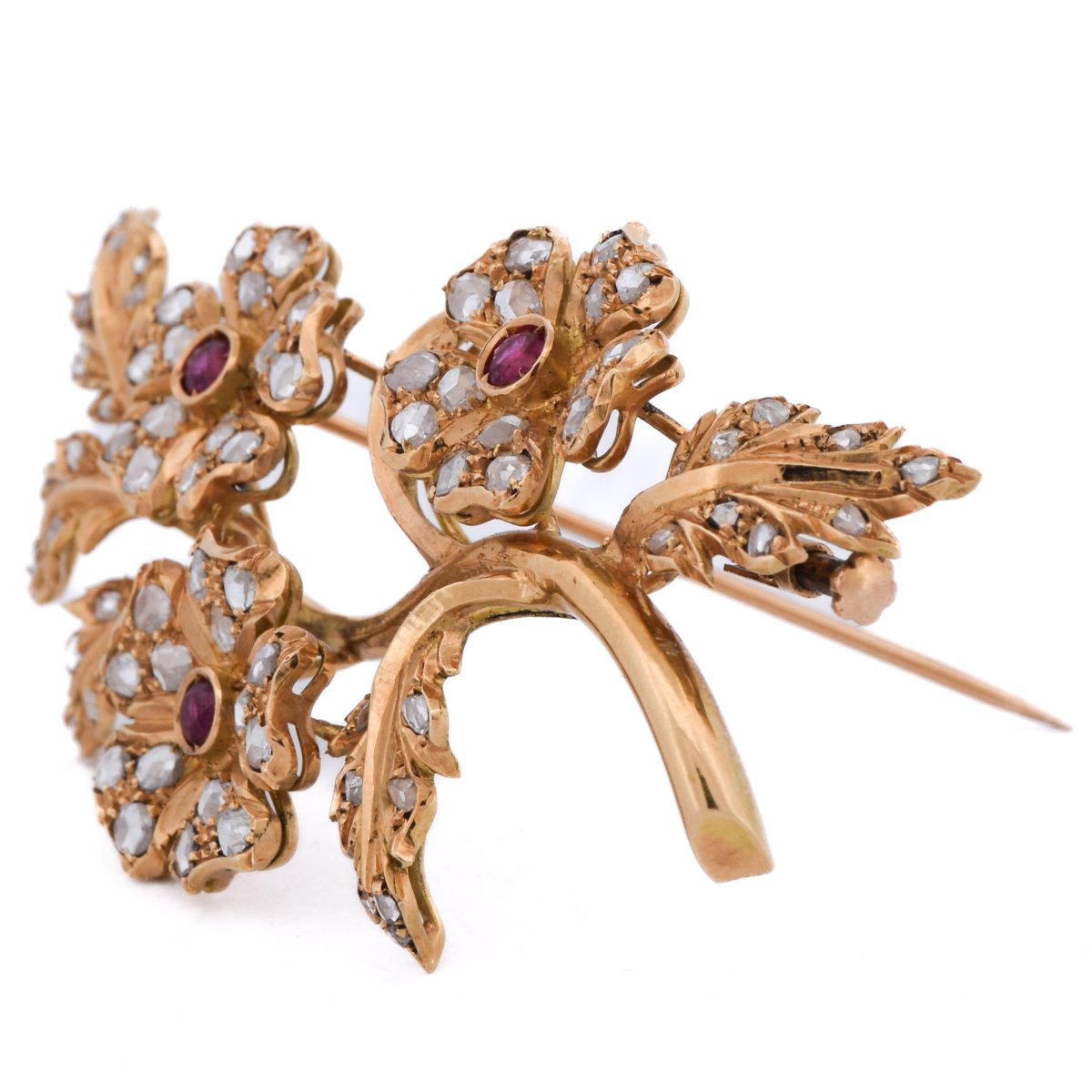 Victorian 18k Yellow Gold Ruby And Diamond Floral Brooch   Sp18 116-38 (00229)-photo-4