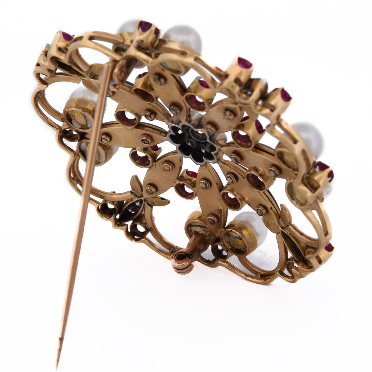 Vintage 18k Gold Ruby Diamond Enamel Floral Brooch    Sp15 116-35 (05329) -photo-3