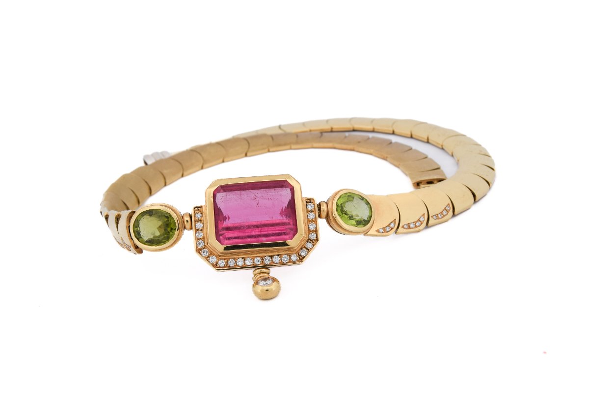 Collier Mancadori Or Jaune 18k Tourmaline Péridots Diamants (CL103)-photo-4