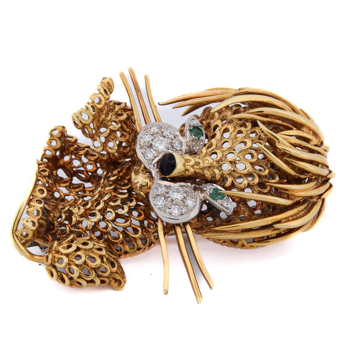 Vintage 18k Gold Lion Brooch Diamonds 0.46 Ct Emerald Eyes   Sp27 116-46 (00329)-photo-4