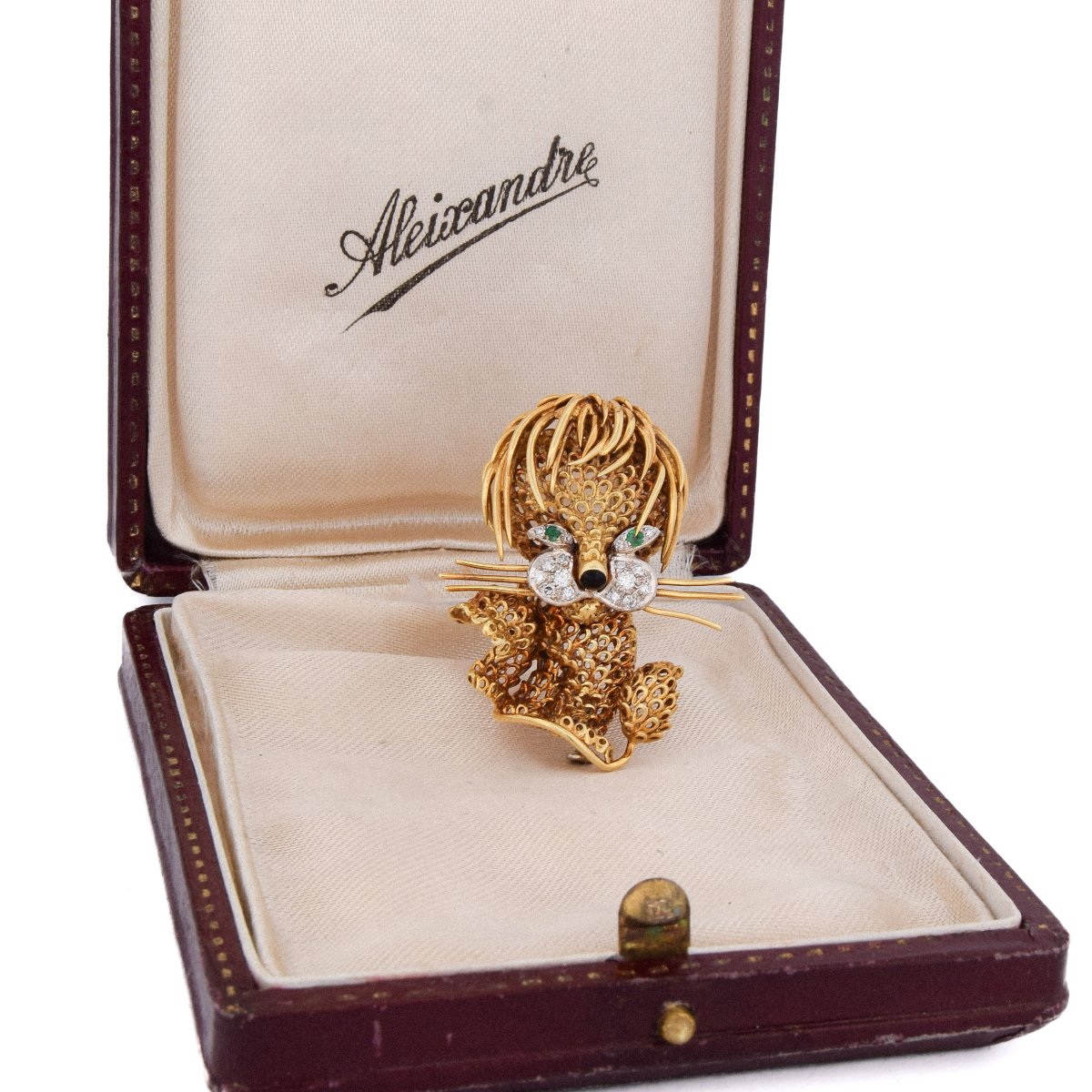 Vintage 18k Gold Lion Brooch Diamonds 0.46 Ct Emerald Eyes   Sp27 116-46 (00329)-photo-1