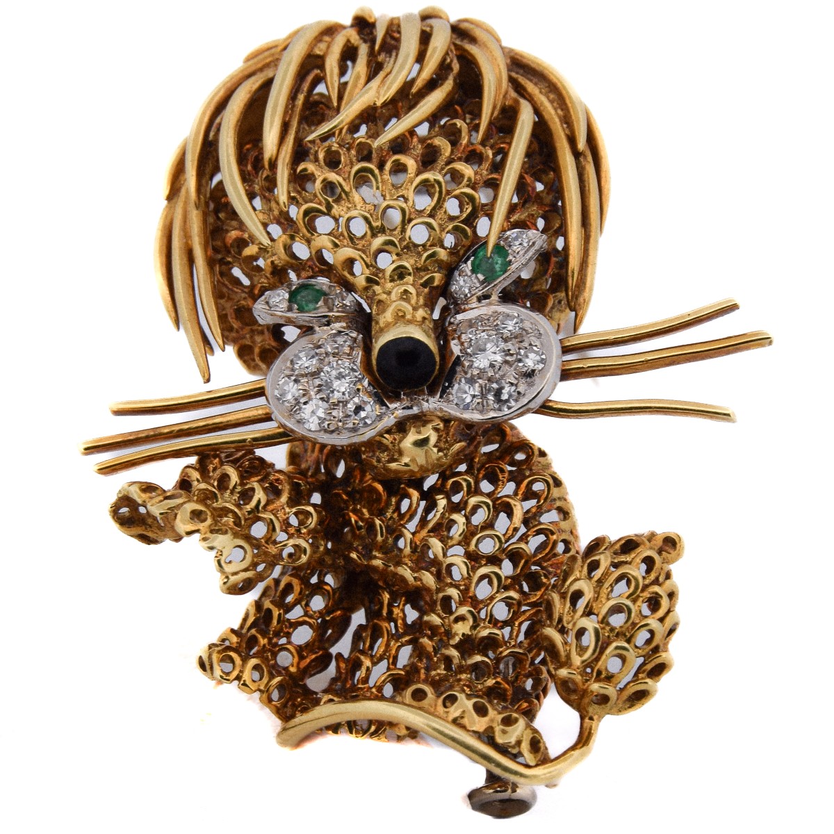 Vintage 18k Gold Lion Brooch Diamonds 0.46 Ct Emerald Eyes   Sp27 116-46 (00329)