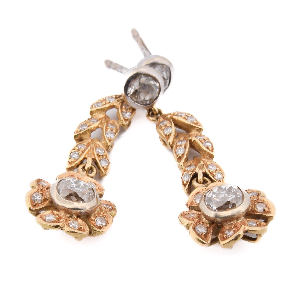 Vintage 18k Gold Diamond Drop Earrings 1.60 Ct Floral Design  Or114 (00219)-photo-4