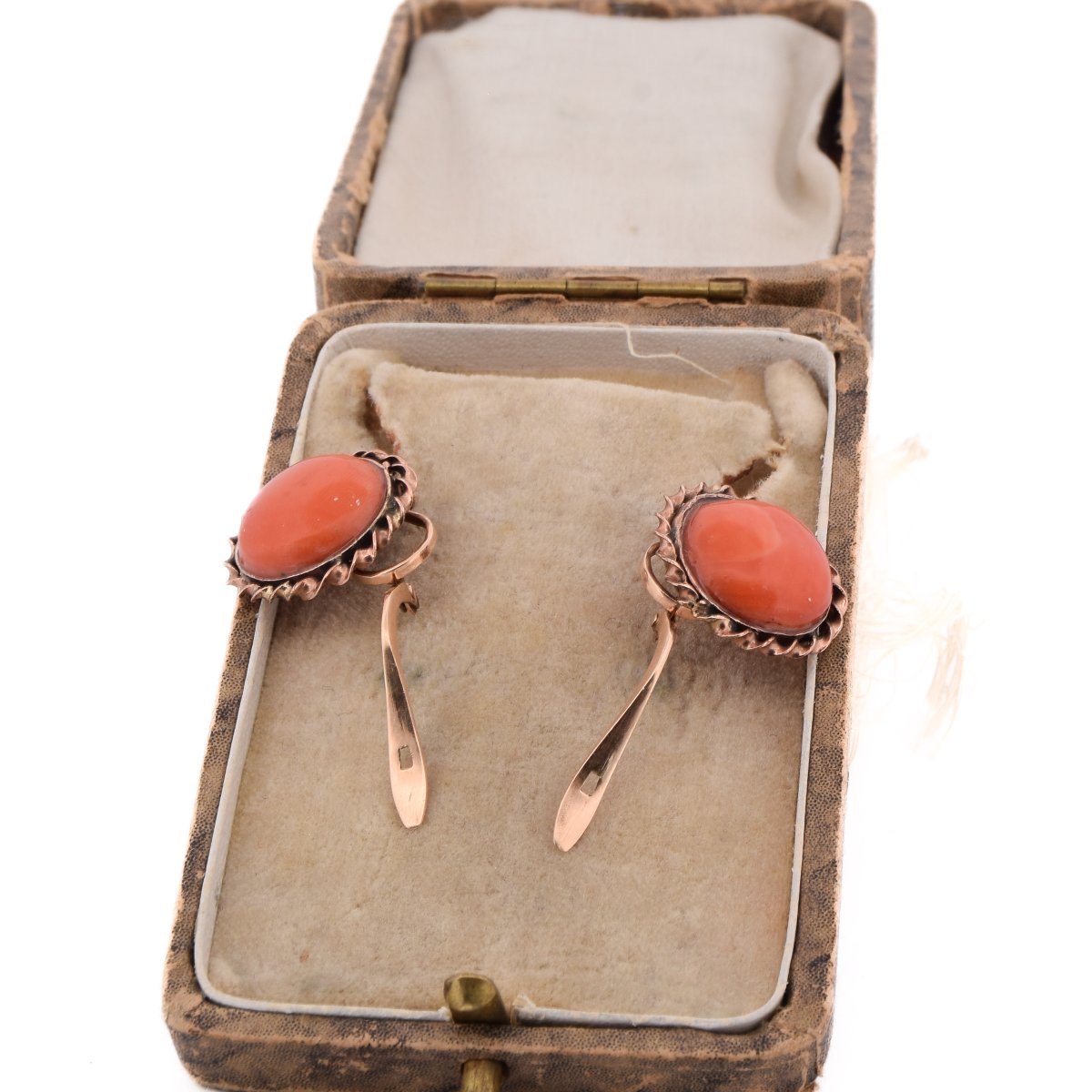 Vintage 12k Gold Coral Earrings Round Cabochon   Or198 107-125 (0049)-photo-4