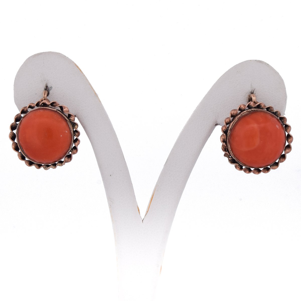 Vintage 12k Gold Coral Earrings Round Cabochon   Or198 107-125 (0049)-photo-1