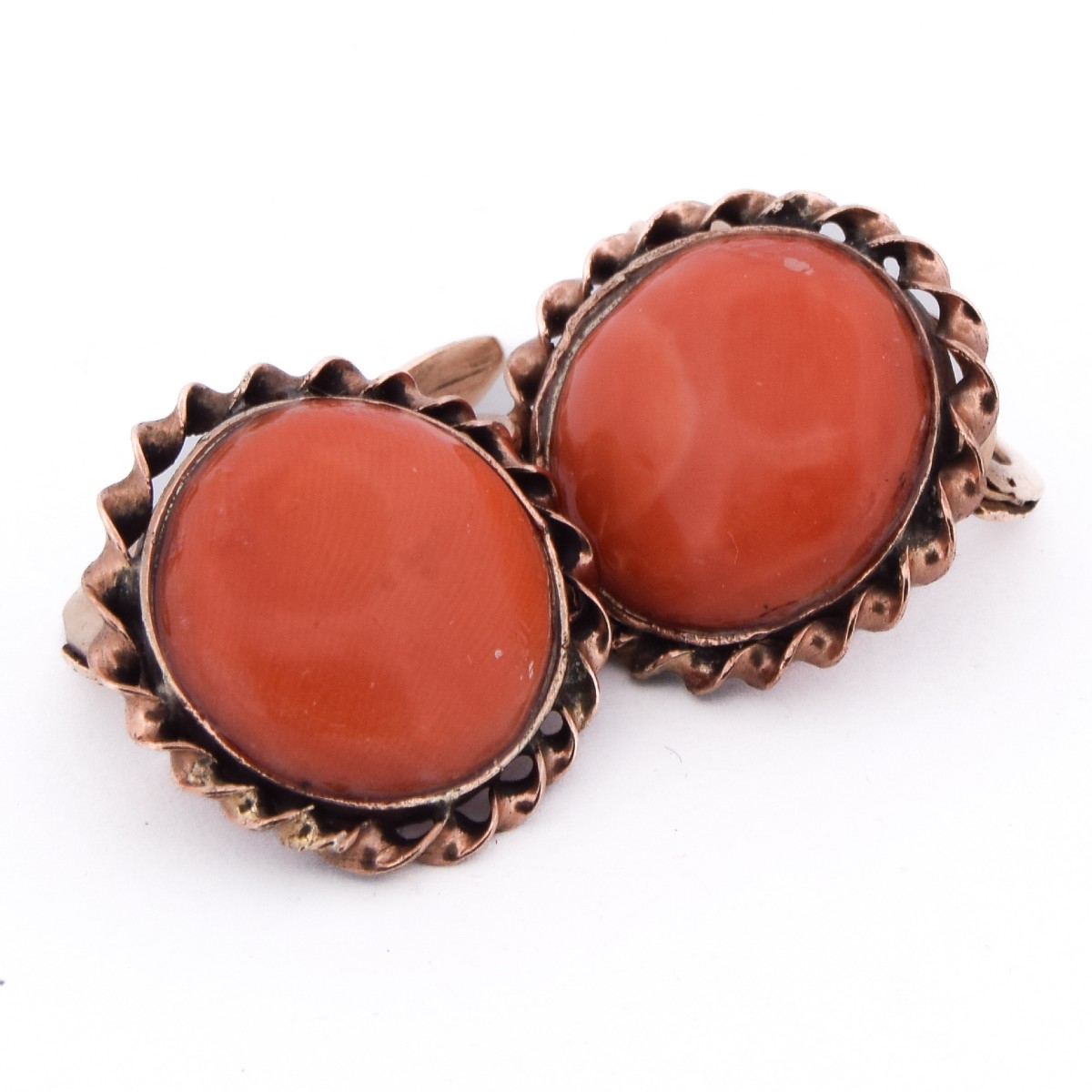 Vintage 12k Gold Coral Earrings Round Cabochon   Or198 107-125 (0049)
