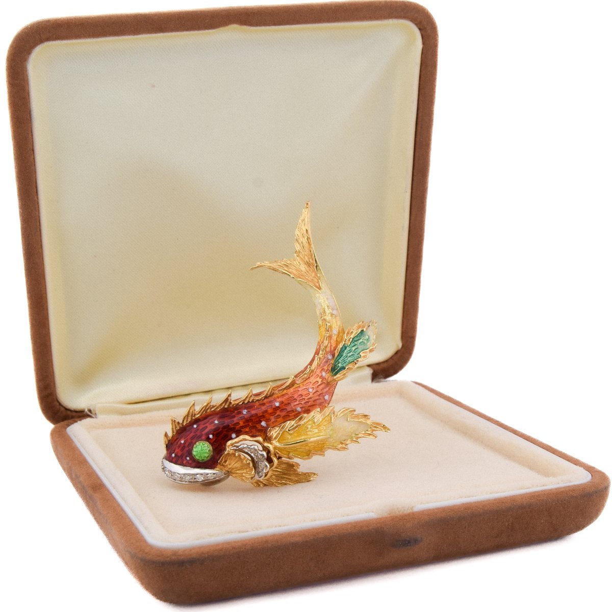 Vintage 18k Gold Fish Brooch Enamel Diamonds    Sp43 116-62 (06329)-photo-2