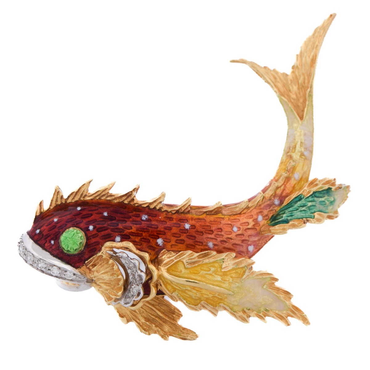 Vintage 18k Gold Fish Brooch Enamel Diamonds    Sp43 116-62 (06329)