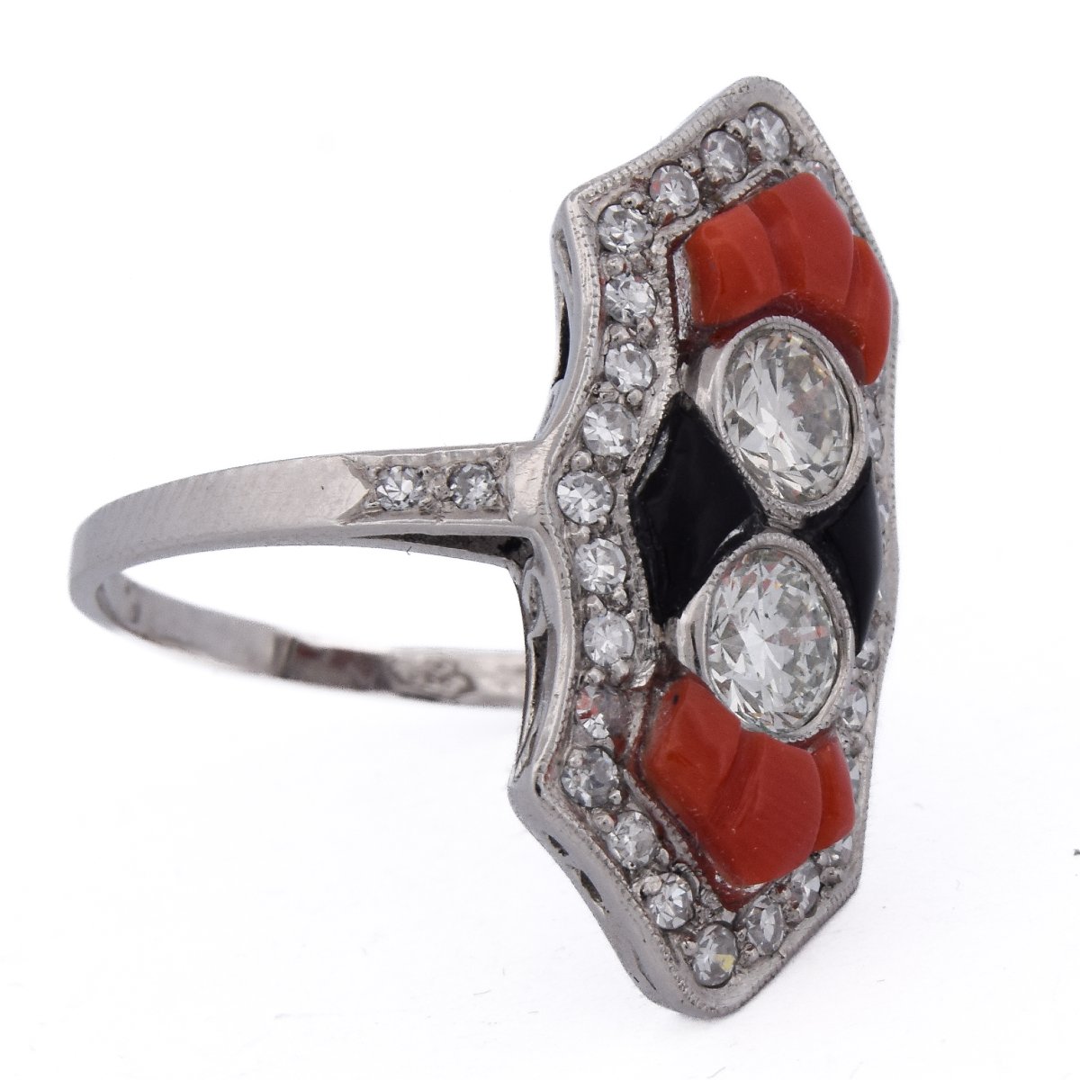 Art Deco Ring In Platinum With Diamonds, Coral, And Onyx   An613 P22 (05519)-photo-2