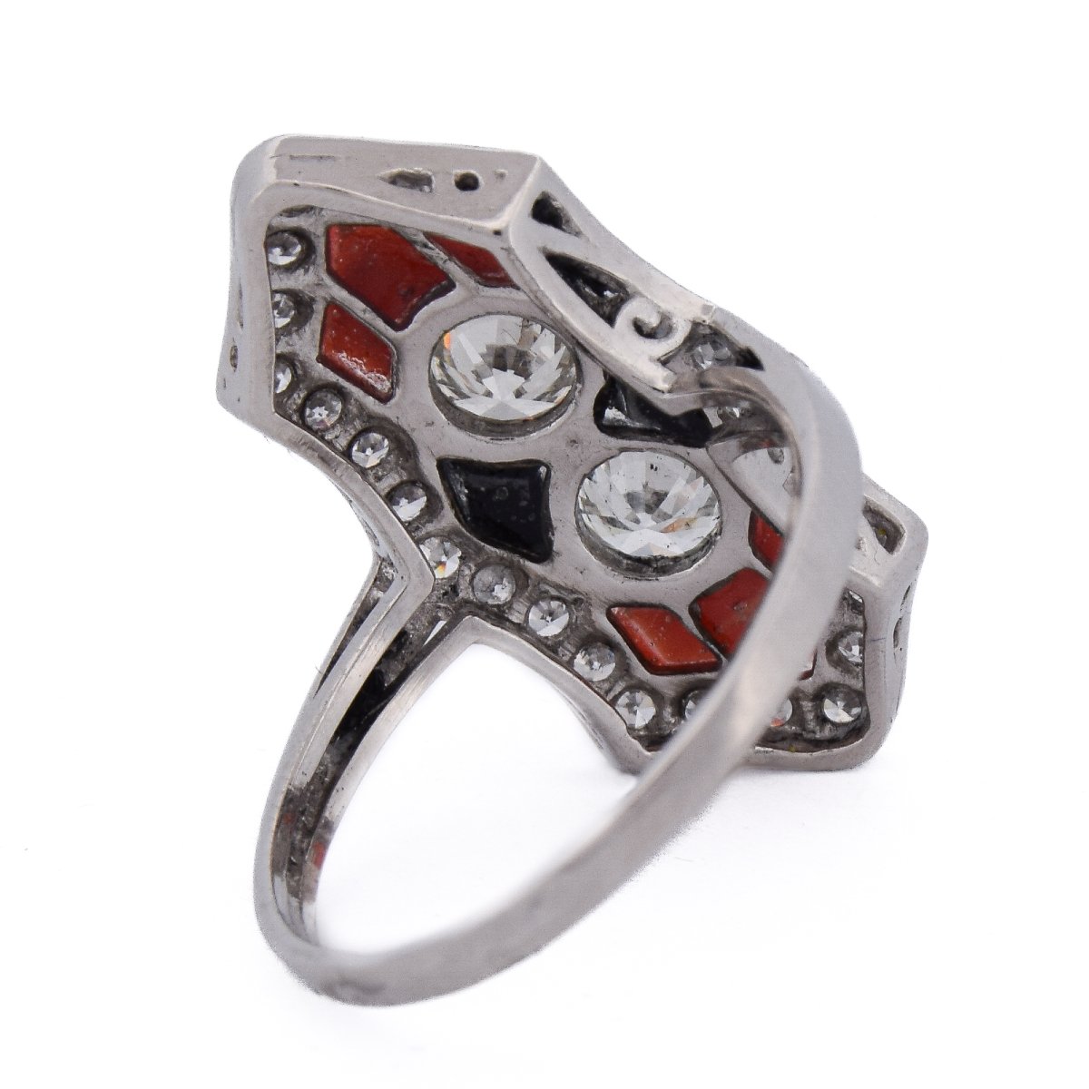 Art Deco Ring In Platinum With Diamonds, Coral, And Onyx   An613 P22 (05519)-photo-4