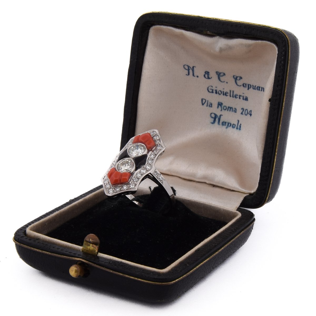 Art Deco Ring In Platinum With Diamonds, Coral, And Onyx   An613 P22 (05519)-photo-4