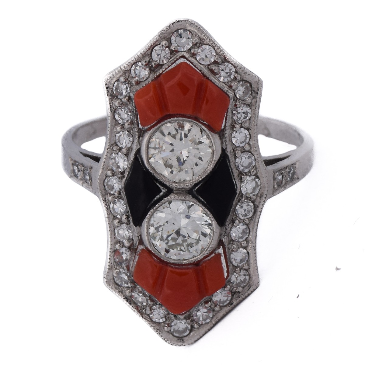 Art Deco Ring In Platinum With Diamonds, Coral, And Onyx   An613 P22 (05519)