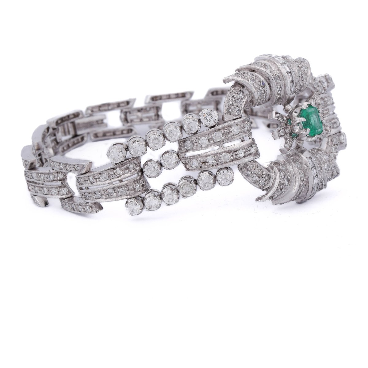 Bracelet Art Déco en platine 950, diamants et émeraude    BR29 (00549)-photo-2