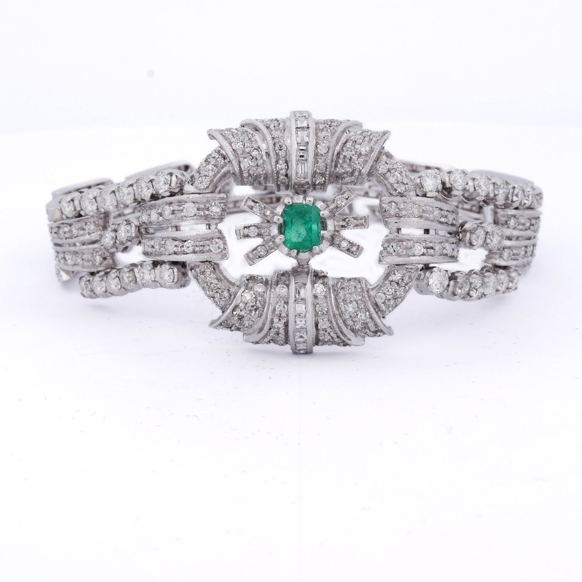 Bracelet Art Déco en platine 950, diamants et émeraude    BR29 (00549)