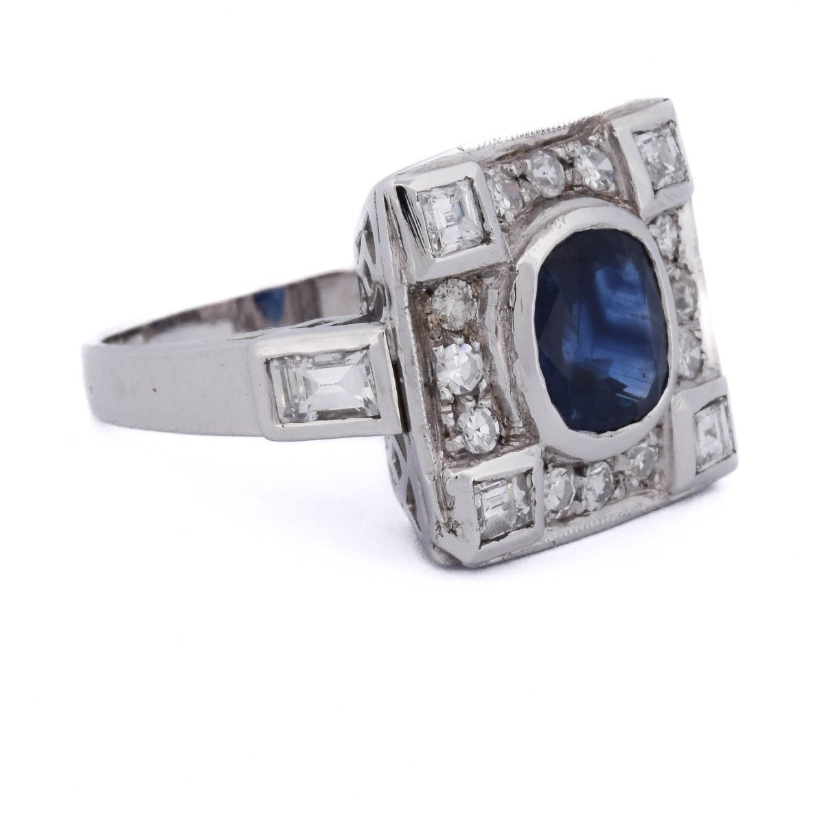 Bague Art Déco En Or 18k, Saphir Naturel Et Diamants    AN58 112-150 (00319)-photo-2